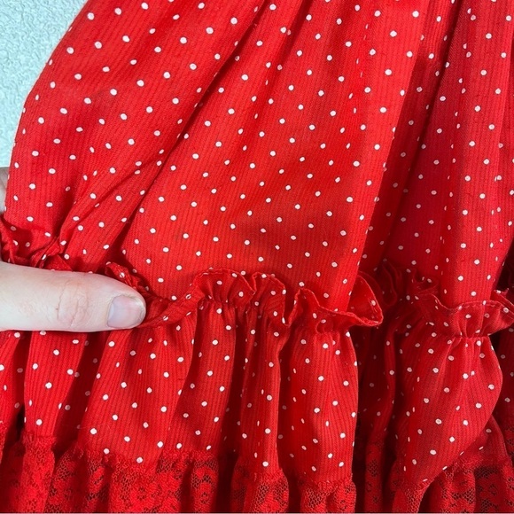 VINTAGE 80s LILO CALIFORNIA USA Ruffle Tiered Polka Dot Lace Trim Dress - Picture 11 of 12